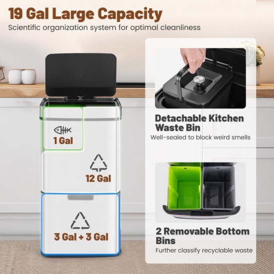 Honhorrs 19-Gallon Sensor Trash Station, Stainless Steel Body and Two Pull-Out Recycling Bins Below