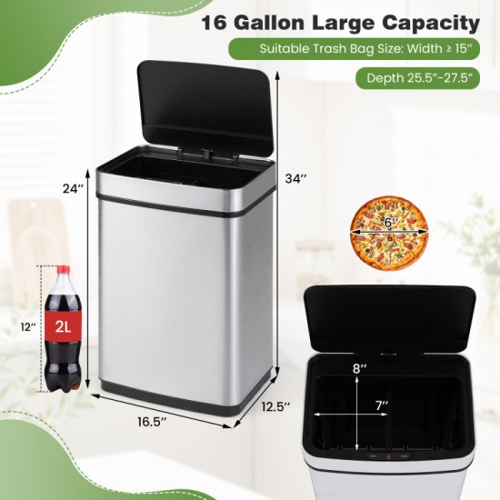 Honhorrs 16-Gallon Dual-Zone Sensor Trash Can, Manual Controls with Stay-Open and Soft-Close Lids