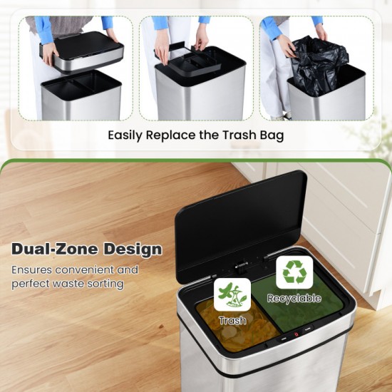 Honhorrs 16-Gallon Dual-Zone Sensor Trash Can, Manual Controls with Stay-Open and Soft-Close Lids