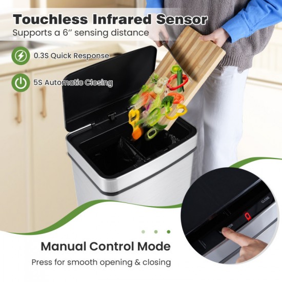 Honhorrs 16-Gallon Dual-Zone Sensor Trash Can, Manual Controls with Stay-Open and Soft-Close Lids