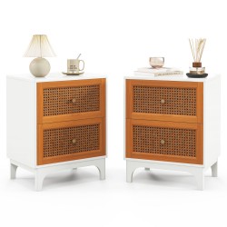 Honhorrs Rattan-Front Two-Drawer Nightstand, Solid Wood Legs with Golden Knobs and Rounded Corners