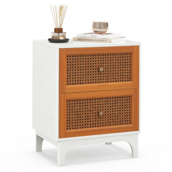 Honhorrs Rattan-Front Two-Drawer Nightstand, Solid Wood Legs with Golden Knobs and Rounded Corners
