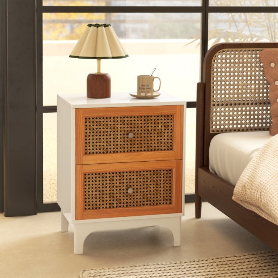 Honhorrs Rattan-Front Two-Drawer Nightstand, Solid Wood Legs with Golden Knobs and Rounded Corners