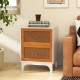 Honhorrs Rattan-Front Two-Drawer Nightstand, Solid Wood Legs with Golden Knobs and Rounded Corners