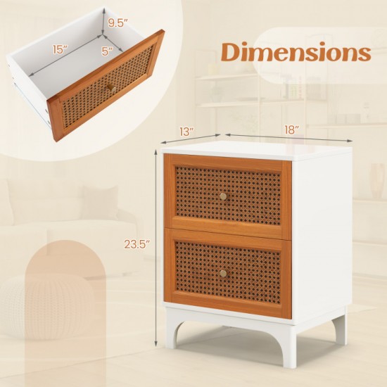 Honhorrs Rattan-Front Two-Drawer Nightstand, Solid Wood Legs with Golden Knobs and Rounded Corners