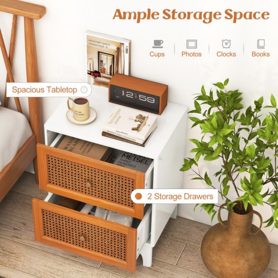 Honhorrs Rattan-Front Two-Drawer Nightstand, Solid Wood Legs with Golden Knobs and Rounded Corners