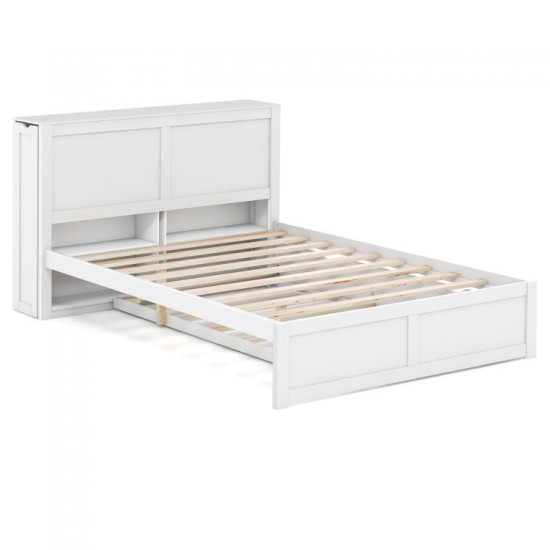 Honhorrs Full Platform Bed with Twin Trundle, White Storage Headboard and Two Pull-Out Bookshelves