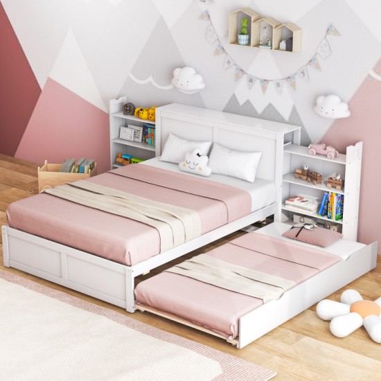 Honhorrs Full Platform Bed with Twin Trundle, White Storage Headboard and Two Pull-Out Bookshelves