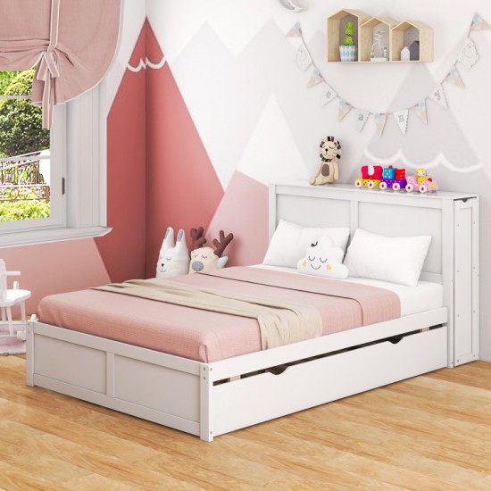 Honhorrs Full Platform Bed with Twin Trundle, White Storage Headboard and Two Pull-Out Bookshelves