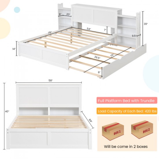 Honhorrs Full Platform Bed with Twin Trundle, White Storage Headboard and Two Pull-Out Bookshelves