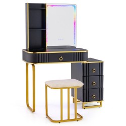 XVX RGB Makeup Vanity and Stool, Wireless Charging Top with USB-C Port and Divided Drawer