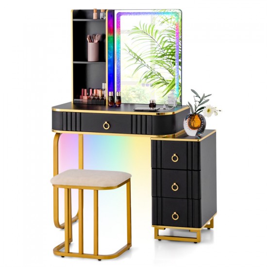 Honhorrs RGB Makeup Vanity and Stool, Wireless Charging Top with USB-C Port and Divided Drawer