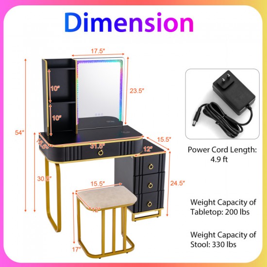 Honhorrs RGB Makeup Vanity and Stool, Wireless Charging Top with USB-C Port and Divided Drawer
