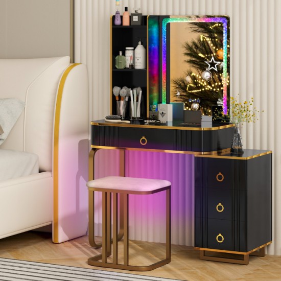 Honhorrs RGB Makeup Vanity and Stool, Wireless Charging Top with USB-C Port and Divided Drawer