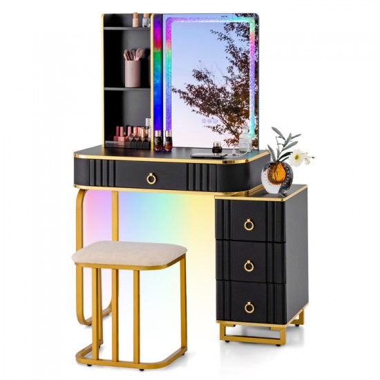 Honhorrs RGB Makeup Vanity and Stool, Wireless Charging Top with USB-C Port and Divided Drawer