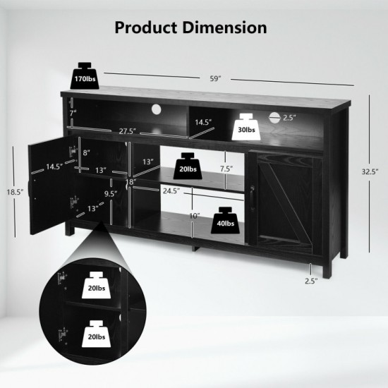Honhorrs 59-Inch Barn-Door TV Console, Adjustable Storage Shelves and Cable Openings for 65-Inch TVs