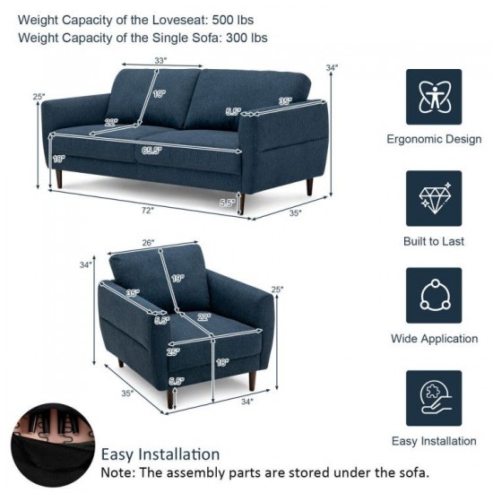 Honhorrs Fabric Armchair and Loveseat Set, Spring Seats and Wooden Legs with Removable Back Covers