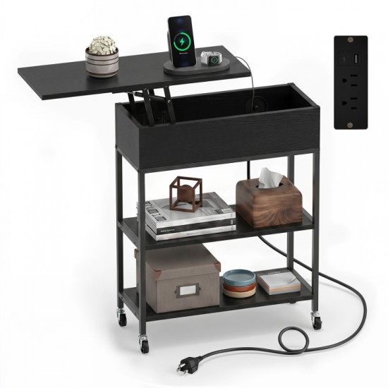 Honhorrs Rolling Lift-Top End Table with Hidden Storage, Charging Station and Lockable Wheels