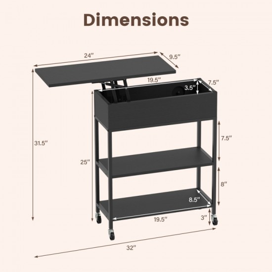 Honhorrs Rolling Lift-Top End Table with Hidden Storage, Charging Station and Lockable Wheels
