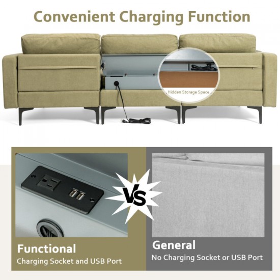 Honhorrs Modular Three-Seat Sofa, Reversible Chaise with Hidden Storage, Outlet and Two USB Ports