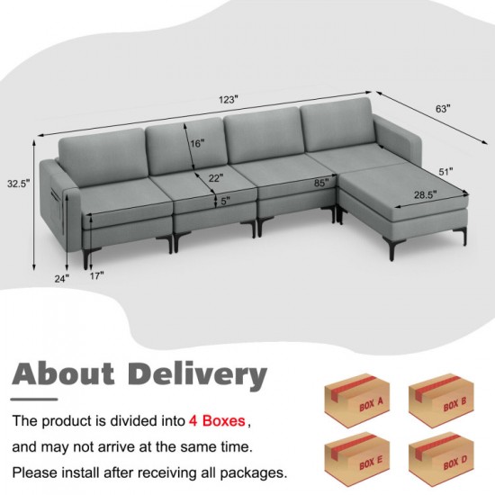 Honhorrs Modular Four-Seat Sectional, Reversible Ottoman with USB Ports and Hidden Armrest Storage