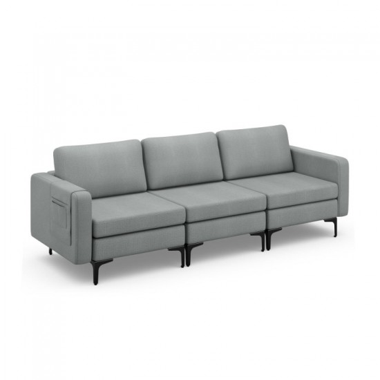 Honhorrs Three-Seat Linen Sofa, Zippered Cushion Covers with Metal Legs and Armrest Storage Pocket