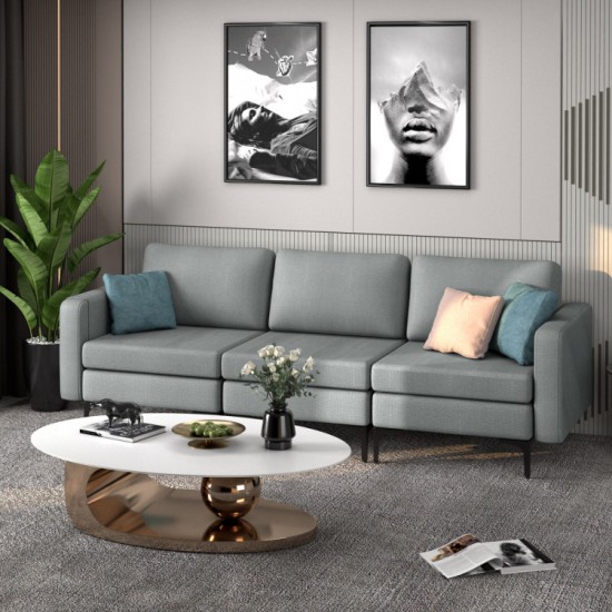 Honhorrs Three-Seat Linen Sofa, Zippered Cushion Covers with Metal Legs and Armrest Storage Pocket