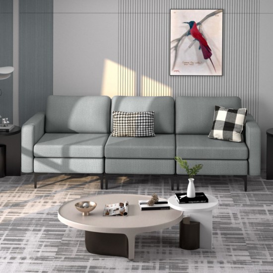 Honhorrs Three-Seat Linen Sofa, Zippered Cushion Covers with Metal Legs and Armrest Storage Pocket