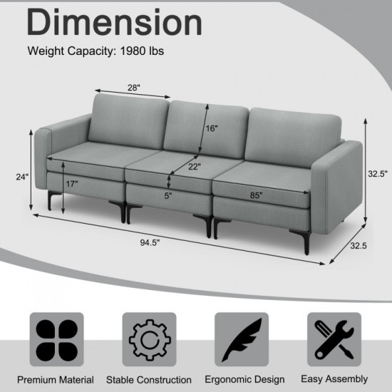Honhorrs Three-Seat Linen Sofa, Zippered Cushion Covers with Metal Legs and Armrest Storage Pocket