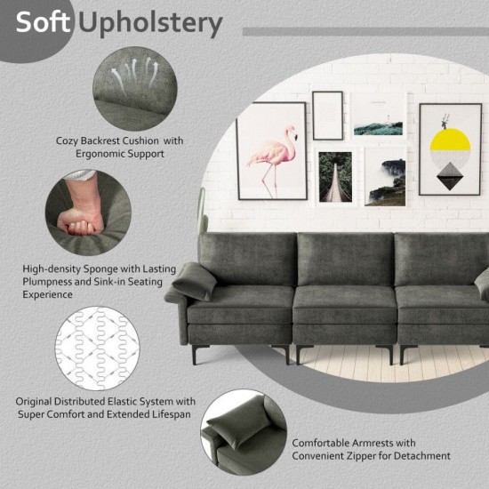 Honhorrs Three-Seat Linen Sofa, Spring-Supported Sponge Cushions with Metal Legs and Protective Feet