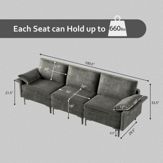 Honhorrs Three-Seat Linen Sofa, Spring-Supported Sponge Cushions with Metal Legs and Protective Feet