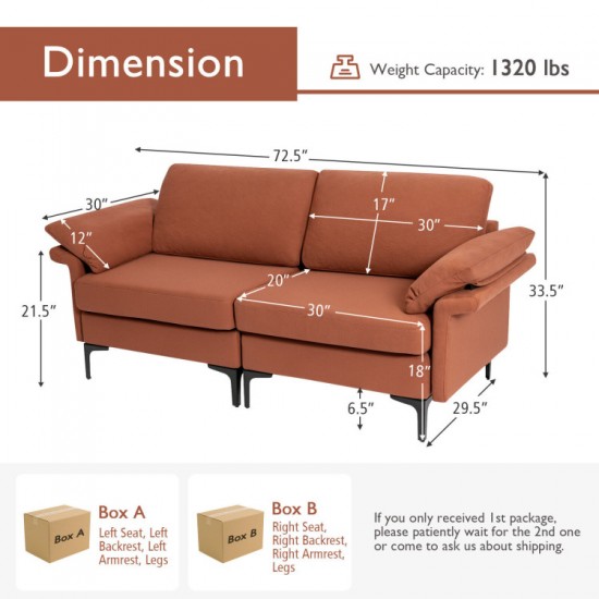 Honhorrs Fabric Loveseat with Metal Legs, Spring-Supported Seat and Separate Back and Arm Pillows