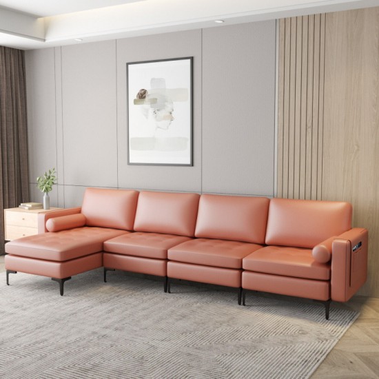 Honhorrs Four-Seat Modular Sectional, Reversible Chaise with Suede Upholstery and Built-In USB Ports