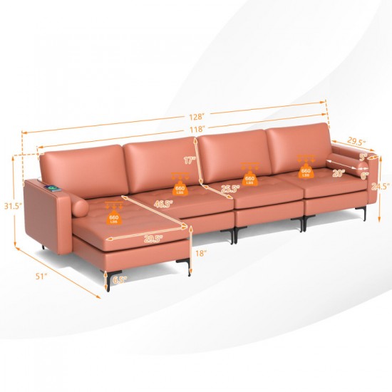 Honhorrs Four-Seat Modular Sectional, Reversible Chaise with Suede Upholstery and Built-In USB Ports