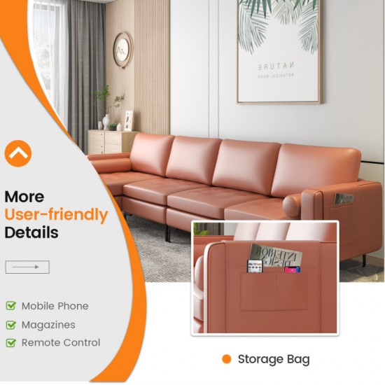 Honhorrs Four-Seat Modular Sectional, Reversible Chaise with Suede Upholstery and Built-In USB Ports