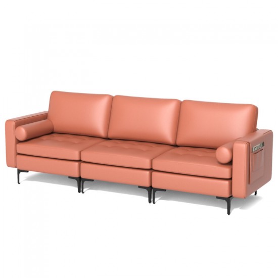 Honhorrs Suede-Fabric Three-Seat Sofa, Modular Sections with Side Pocket, Bolsters and Metal Legs