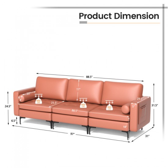 Honhorrs Suede-Fabric Three-Seat Sofa, Modular Sections with Side Pocket, Bolsters and Metal Legs