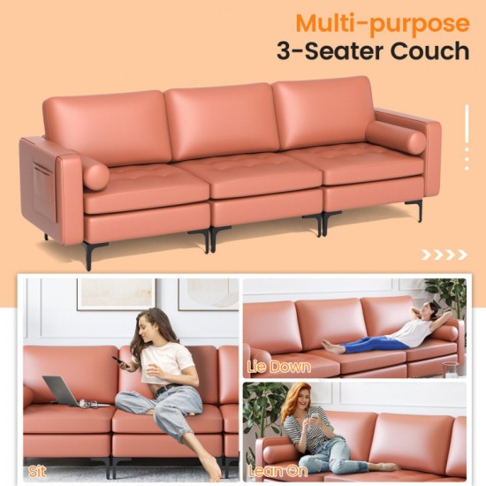 Honhorrs Suede-Fabric Three-Seat Sofa, Modular Sections with Side Pocket, Bolsters and Metal Legs
