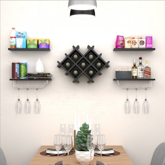 Honhorrs Wall-Mount Wine Storage: Diamond Bottle Rack, Display Shelves and Stemware Hanging Rails
