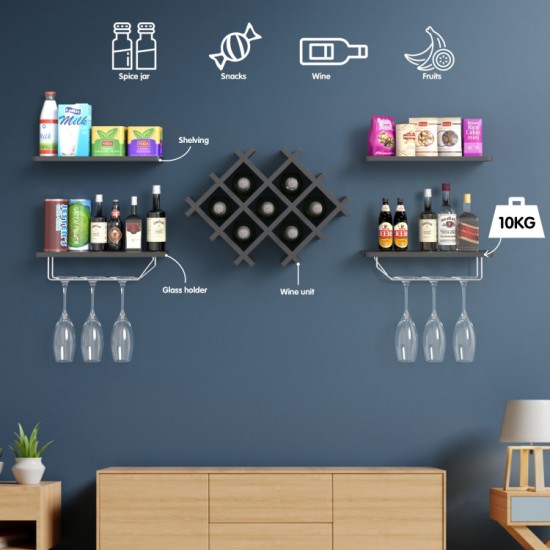Honhorrs Wall-Mount Wine Storage: Diamond Bottle Rack, Display Shelves and Stemware Hanging Rails