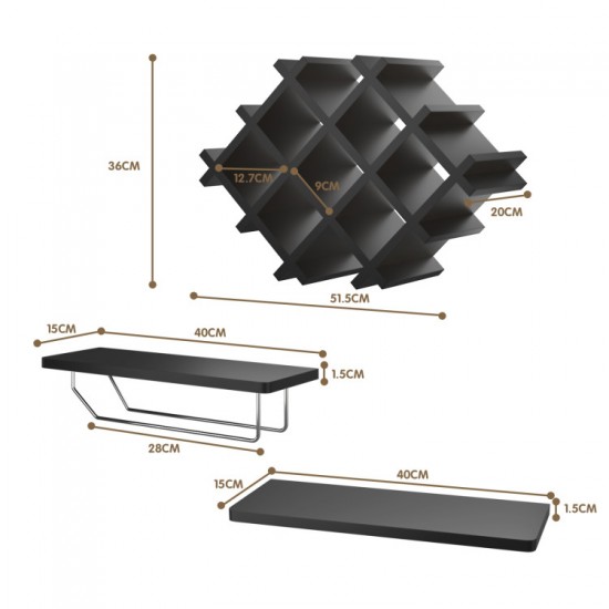 Honhorrs Wall-Mount Wine Storage: Diamond Bottle Rack, Display Shelves and Stemware Hanging Rails