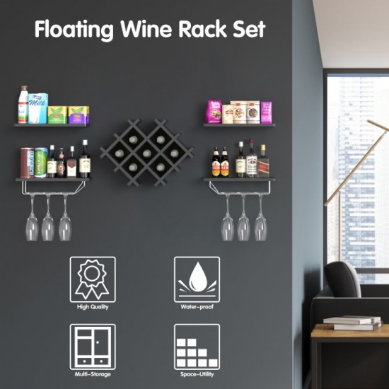 Honhorrs Wall-Mount Wine Storage: Diamond Bottle Rack, Display Shelves and Stemware Hanging Rails