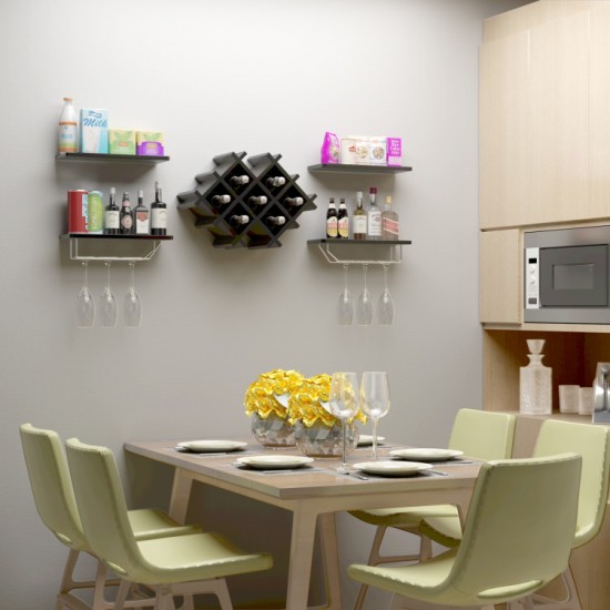 Honhorrs Wall-Mount Wine Storage: Diamond Bottle Rack, Display Shelves and Stemware Hanging Rails