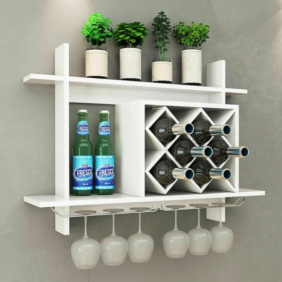 Honhorrs Wall-Mounted Wine Shelf, Diamond Bottle Compartments and Glass Rails with Upper Display Top