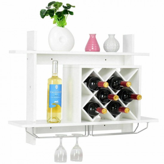 Honhorrs Wall-Mounted Wine Shelf, Diamond Bottle Compartments and Glass Rails with Upper Display Top
