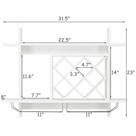 Honhorrs Wall-Mounted Wine Shelf, Diamond Bottle Compartments and Glass Rails with Upper Display Top