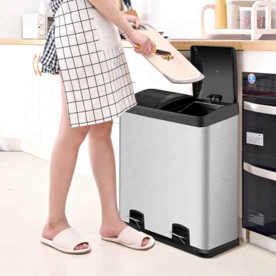 Honhorrs 16-Gallon Stainless Steel Dual-Compartment Trash Can with Separate Foot Pedals and Lids