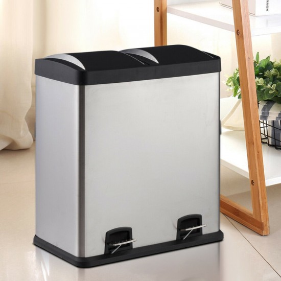 Honhorrs 16-Gallon Stainless Steel Dual-Compartment Trash Can with Separate Foot Pedals and Lids