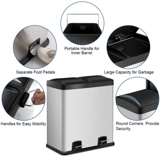 Honhorrs 16-Gallon Stainless Steel Dual-Compartment Trash Can with Separate Foot Pedals and Lids