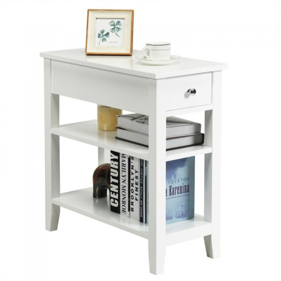 Honhorrs Slim Three-Level End Table with Sliding Drawer and Two Open Shelves for Bedside Storage